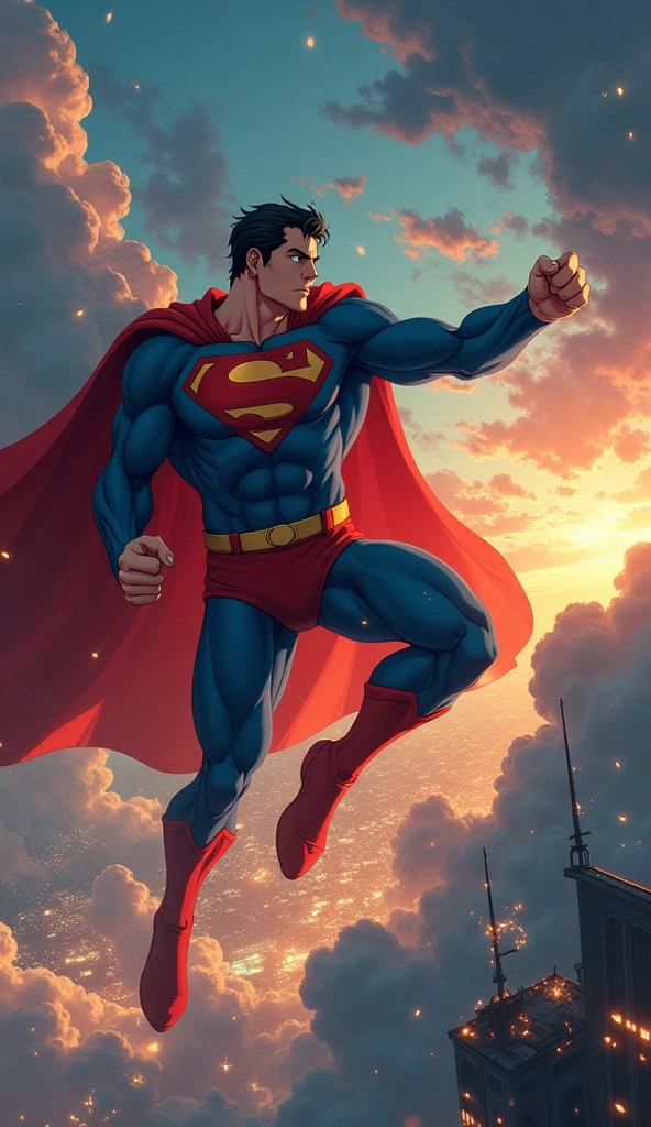 An action-packed anime scene showing Superman punching the enemy in mid-air with tremendous force. The enemy is flung downward, breaking through clouds as they plummet toward the ground. Superman is in a dynamic pose, his fist glowing with power. The background is a mix of stormy clouds and city lights far below, emphasizing the height of the battle."