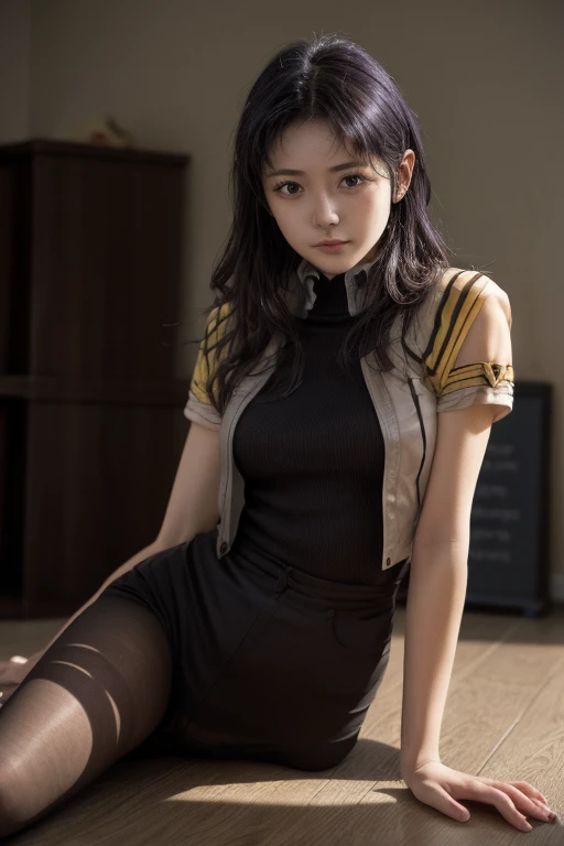 ((Evangelion、Katsuragi Misato))、Ulzzang - 6500 - V1.1, ( RAW photo:1.2), ( Photorealistic), (Genuine: 1.4), A woman wearing a skirt and jacket is sitting on the floor, hyper現実的な high school girl with visible armpits, a hyper現実的な high school girl with visible armpits, かわいい high school girl with visible armpits, 現実的な high school girl with visible armpits, wear A masterpiece portrait of a 、balance , A masterpiece portrait of a 、balance ,  high school girl with visible armpitsの格好をした, Japanese girls uniform, wear school uniformいる, wear , ( Ultra Realistic Pantyhose :1.3),  high school girl with visible armpits,  pose, Girl in uniform、((Evangelion、Katsuragi Misato))、