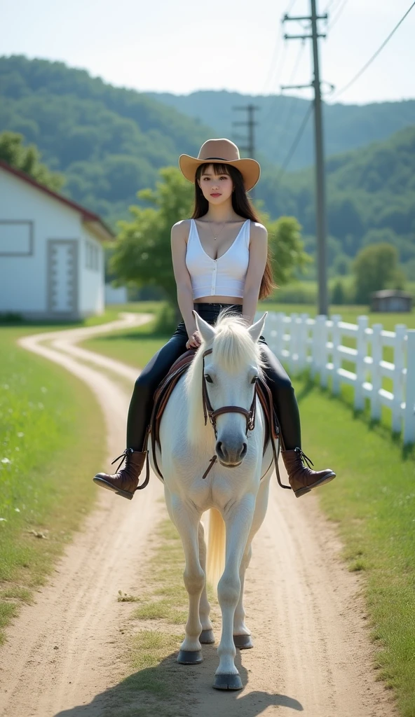 A beautiful young woman(18 year old), (Pretty Idol, Japanese face), white pale skin,cute mouth, cute eye, high nose, beautiful CUP-G chests, Japanese model, very long hair,white skin,smooth skin,white skin, a woman with a large breast. wearing a deep v-neck white sports bars strikingly exposed chest slits and wearing black riding breeches, horse riding mats,Wear a light brown cowboy hat is riding awhite horse on a farm.The image shows a dirt road winding through a green field with a white fence on the right side. On the left side of the road, there is a white building with a sloping roof. In the background, there are trees and a hill covered in greenery. The sky was clear and there were power lines running along the road. The overall mood of the picture is bright and cheerful.A beautiful young woman(18 year old), (Pretty Idol, Japanese face), white pale skin,cute mouth, cute eye, high nose, beautiful CUP-G chests, Japanese model, very long hair,white skin,smooth skin,white skin, a woman with a large breast. wearing a deep v-neck white sports bars strikingly exposed chest slits and wearing black riding breeches, horse riding mats, Wear a light brown cowboy hat is riding a white horse on a farm,