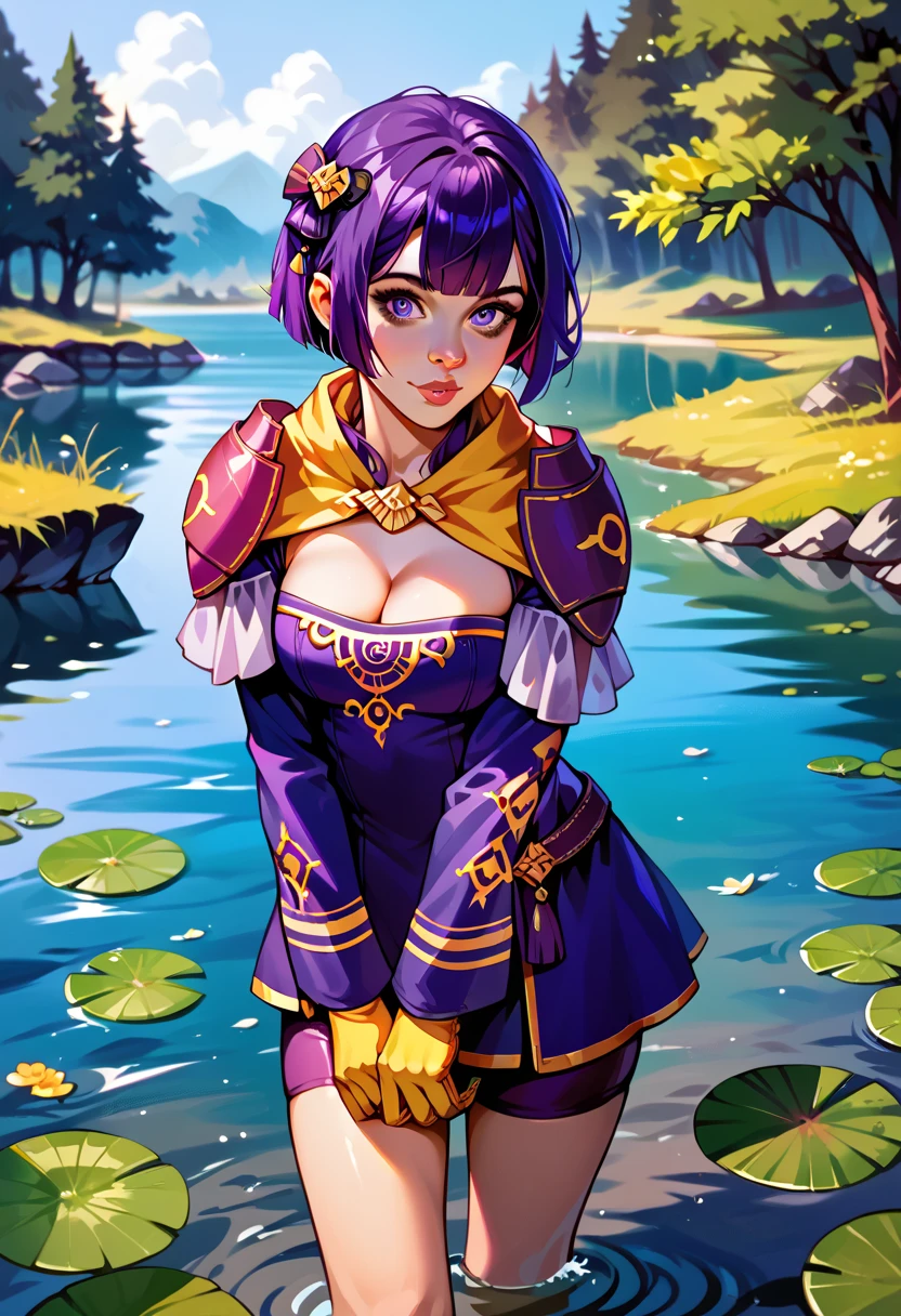 Illustration, realistic proportions, warBernie, short purple hair, hair ornament, shoulder pads, purple dress, short dress, long sleeves, purple shorts, cleavage, yellow gloves, standing on the coast of a lake, watching towards water