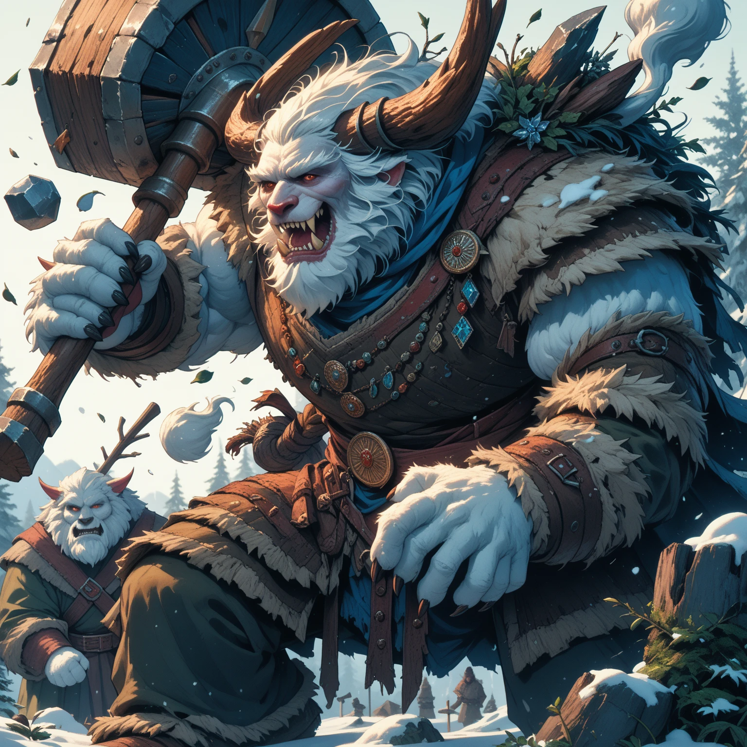 A SCARY Yeti monster, masterpiece,  amazing art, DnD, dungeons and dragons art, snow yeti, holding huge stone hammer