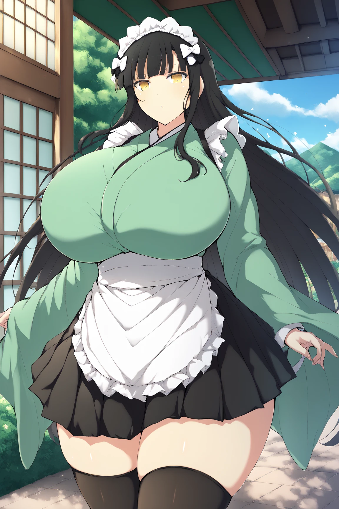 yaegashi nan, senran kagura, senran kagura burst, senran kagura new link,Inazuma 
, ,,  gigantic breasts, gigantic ass, giant thighs,score_9, score_8_up, score_7_up, score_6_up,source_anime,misaki sayama, black hair, long hair, blunt bangs, sidelocks, hair bow, white bow, hair ornament, yellow eyes, maid headdress, wa maid, japanese clothes, green kimono, long sleeves, wide sleeves, maid apron, white apron, waist apron, black skirt, pleated skirt, black thighhighs, huge breasts,