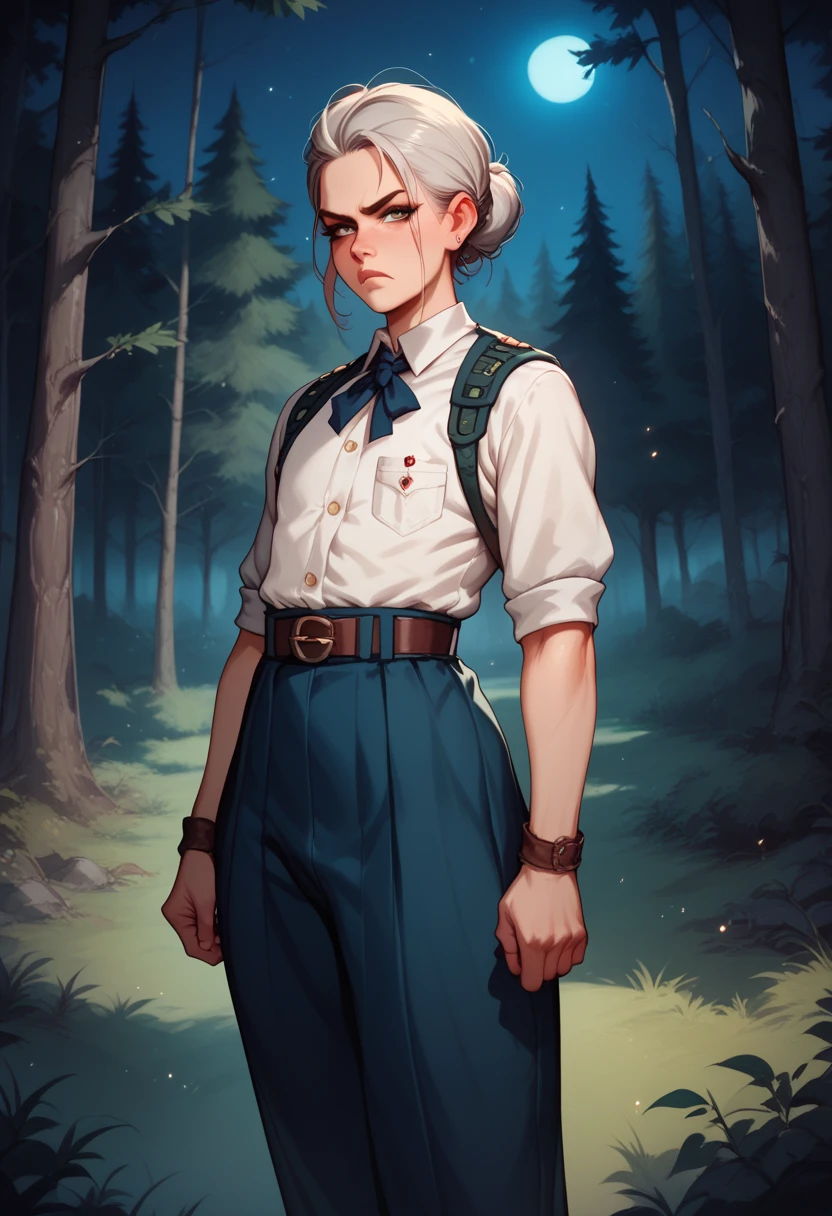 Femboy, old huter uniform, old riffle in arms, in the scary forest, night, dark tree's, serious expression