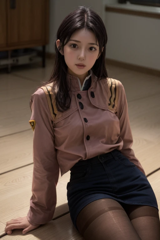 ((Evangelion、Katsuragi Misato))、Ulzzang - 6500 - V1.1, ( RAW photo:1.2), ( Photorealistic), (Genuine: 1.4), A woman wearing a skirt and jacket is sitting on the floor, hyper現実的な high school girl with visible armpits, a hyper現実的な high school girl with visible armpits, かわいい high school girl with visible armpits, 現実的な high school girl with visible armpits, wear A masterpiece portrait of a 、balance , A masterpiece portrait of a 、balance ,  high school girl with visible armpitsの格好をした, Japanese girls uniform, wear school uniformいる, wear , ( Ultra Realistic Pantyhose :1.3),  high school girl with visible armpits,  pose, Girl in uniform、((Evangelion、Katsuragi Misato))、