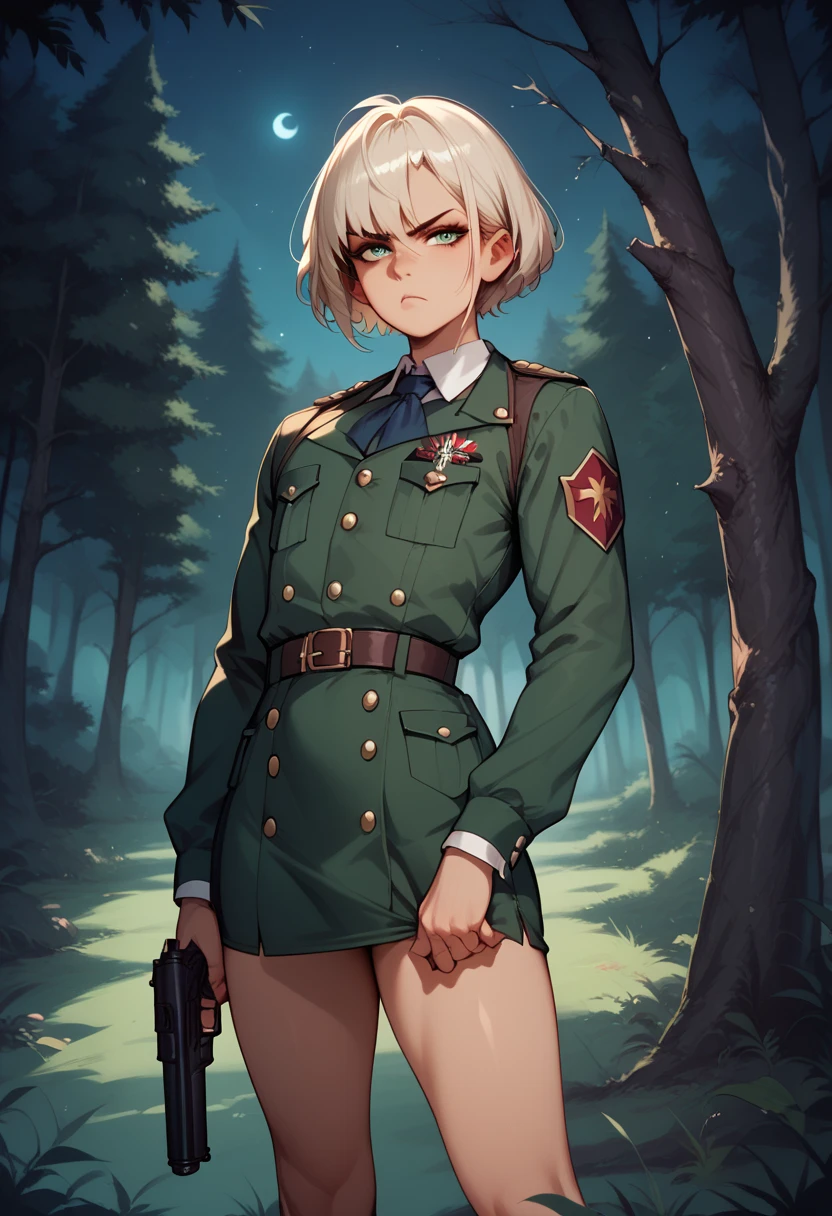 Femboy, old huter uniform, gun in hand's, in the scary forest, night, dark tree's, serious expression