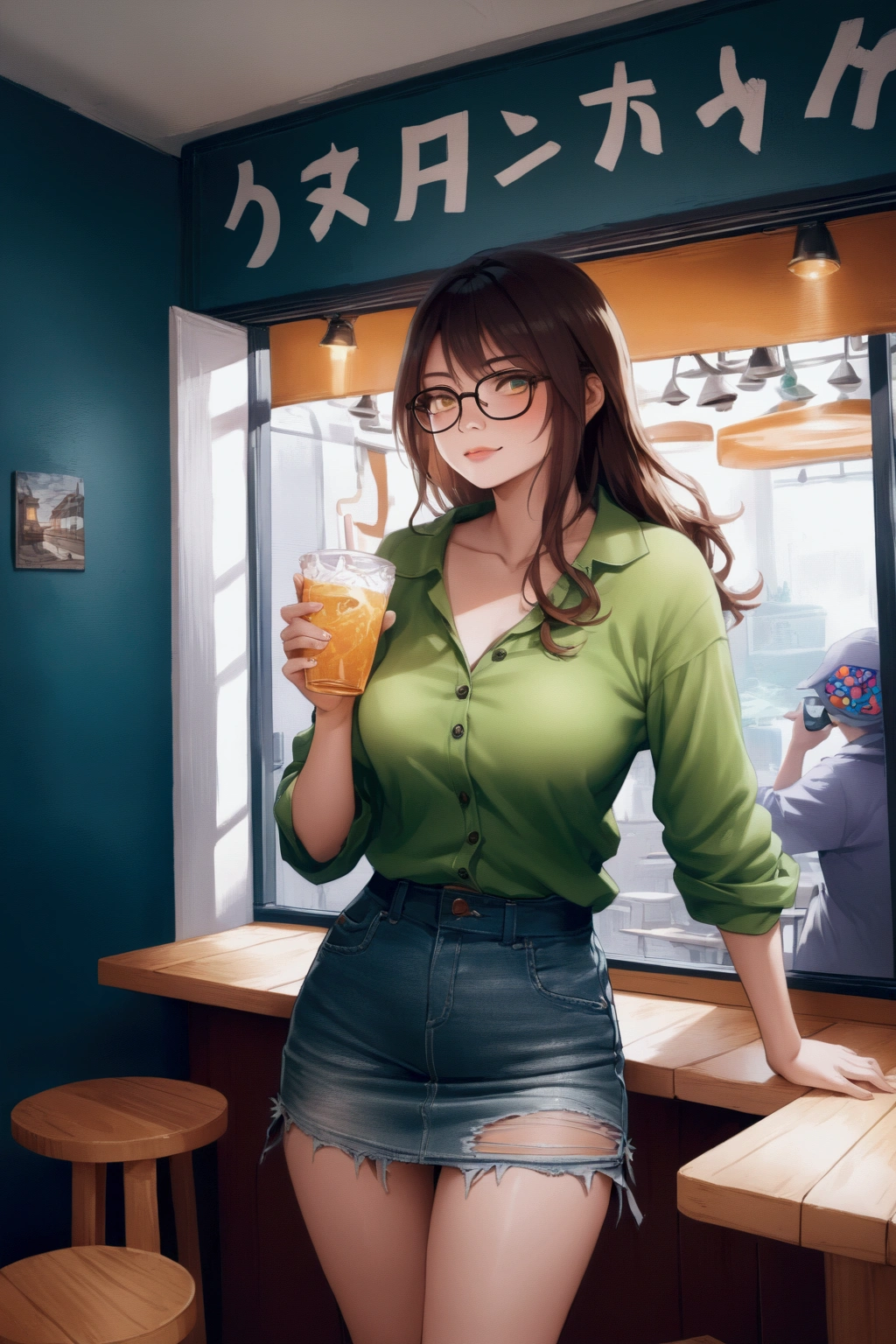 (Very detailed, 最high quality, Anatomically perfect body),High resolution, high quality, One girl, Anime Girls,Brown long hair, Brown eyes, Green glasses,heart shaped pupils,Sunburned skin, Large Breasts,beautiful breasts,pointy breasts,long nipples,erect nipples,(Big Ass),beautiful ass,Embarrassed,Tank Top,jeans,lower body,sweat,wet,sitting,(open legs),cherryblossom,at cafe,(ice tea),(water),