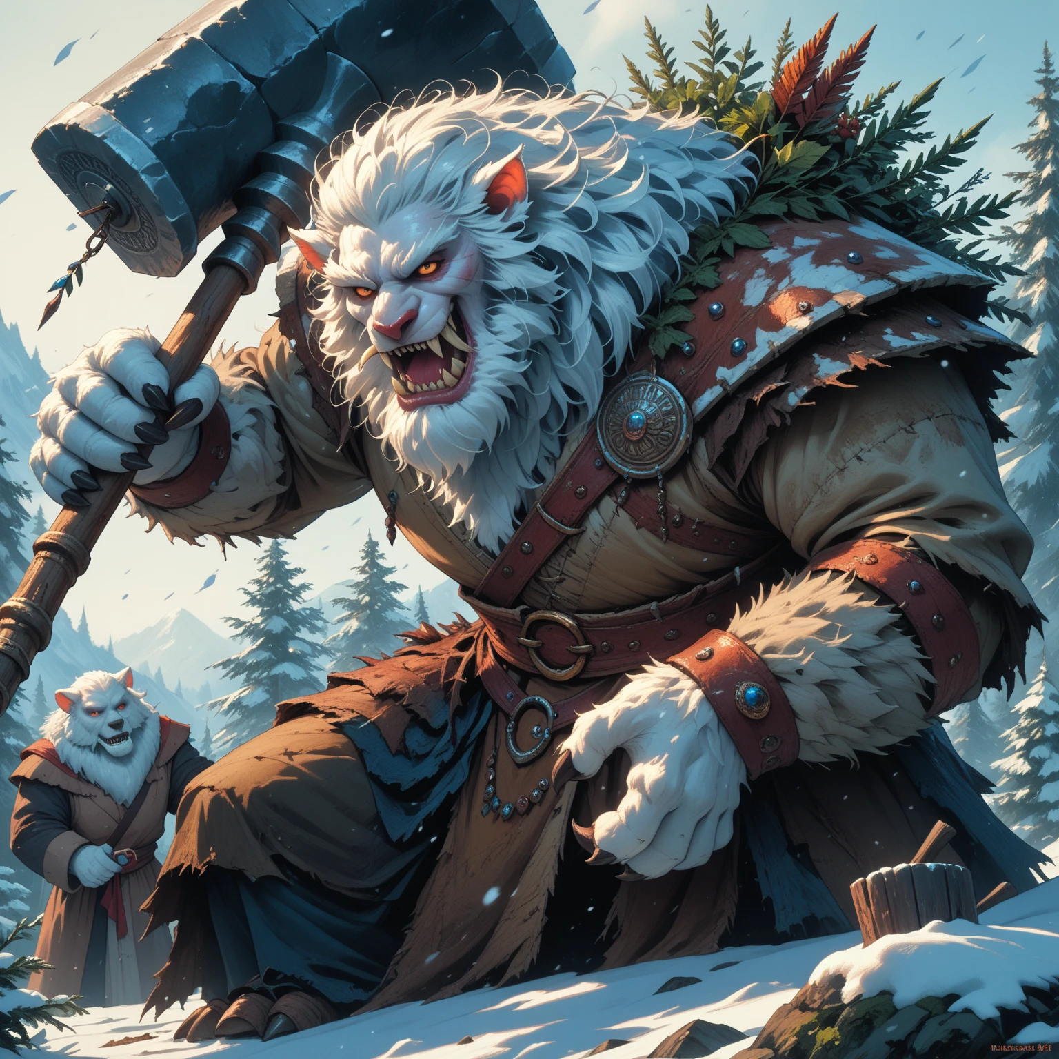 A SCARY Yeti monster, masterpiece,  amazing art, DnD, dungeons and dragons art, snow yeti, holding huge stone hammer