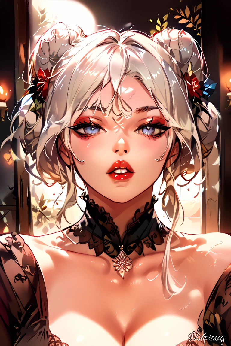 ((woman, 28yo, (adult), curvy, white hair, hair bun, makeup, big lips, red lipstick, (very soft skin), white teeth, masterpiece anime, exquisite lighting and composition,, very detailed, high resolution, illustration, natural beauty anime painting masterpiece digital painting, exquisite lighting and composition 8k, sharp, very detailed, high resolution, illustration, natural beauty