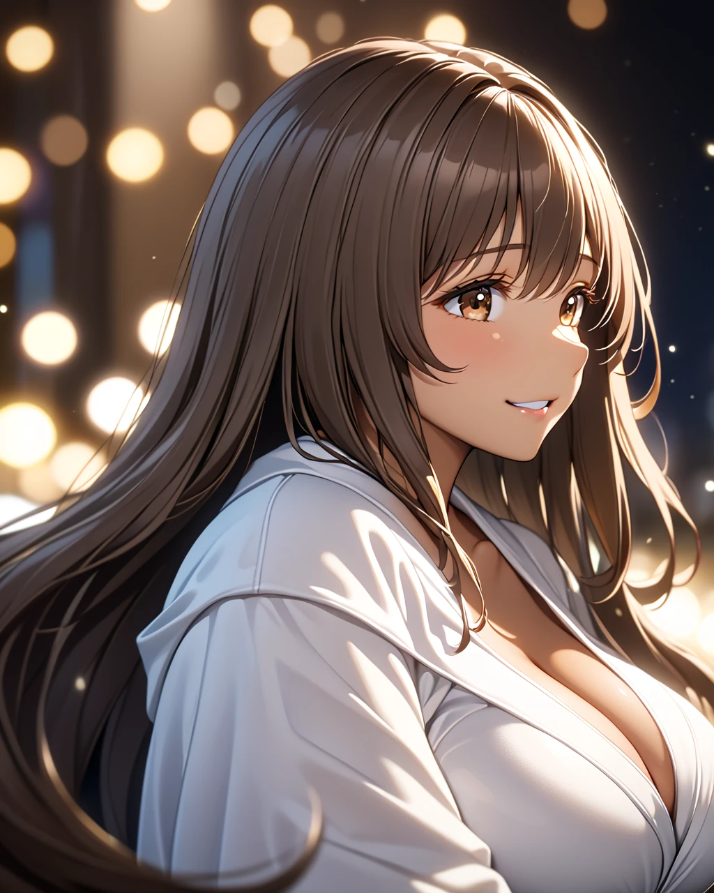 1girl, solo, FHD, Super Detail, top-quality, Very delicate, (upper body), cinematic lighting, ultra detailed, FHD, Super Detail, top-quality, Very delicate, side view, masterpiece, best quality, dynamic angle, incredibly absurdres, high detail eyes, droopy eyes, cute eyes, shy smile,  fang, full body, cute face, from right, turn to the side, noirrnd, brown hair, very long hair, dark skin, huge breasts, curvy, cleavage, white bath robe,  polished nails,  ((bokeh)), luxury hotel, very large bed, (short focus lens:1.1)