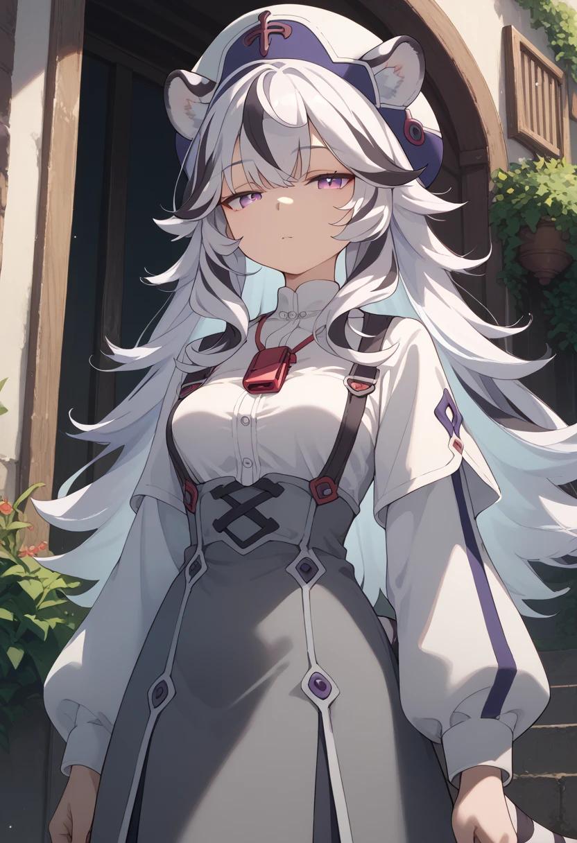 ((masterpiece)), anime lighting, 1girl, solo, long hair, hat, white hair, multicolored hair, white tiger ears, white tiger tail, medium breasts, half-lidded eyes, purple eyes, white hat, white clothes, grey clothes, multicolored clothes, dark purple whistle on chest.