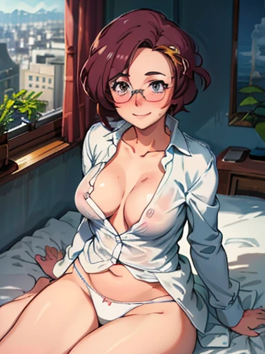 grace_(pokemon), mature woman, (1girl, solo:1.2), (masterpiece:1.0), (high resolution), medium breasts, no bra, sagging breasts, open dress shirt,  shirt open, glasses, lying on bed, bare legs, open window background, undressing, taking her clothes off, white panties, cleavage, blush, eye wrinkle, smile, looking at viewer, sexual invitation 