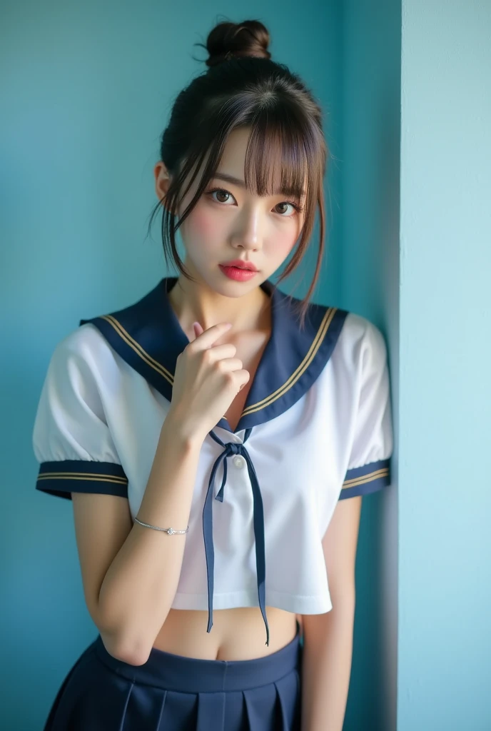 Breathtaking beauty, ( top quality, 4K, 8k,  high definition ,  Masterpiece  :1.2),  from the front:1.5,  Ultra Details , ( realistic , photo- realistic :1.331),  One Supermodel Woman,  beautiful Japanese woman,  Japanese High School Sailor Suit :1.21, Short sleeve clothing,  White Short Sleeve Sailor Suit  :1.21,  will be Fuku:1.21,  you can see your belly button , navy skirt, Brown Hair,  chignon hair,  brown eyes, bright pink lips ,  Thin Sharp Brown Eyebrows , Anxious face, Blue Wall,  soft lighting ,  , Modern Portrait , classroom, Light leaking from the shade, extreme detailed description,  professional ,  bright color, Perfect composition , Proper placement,  gold, 