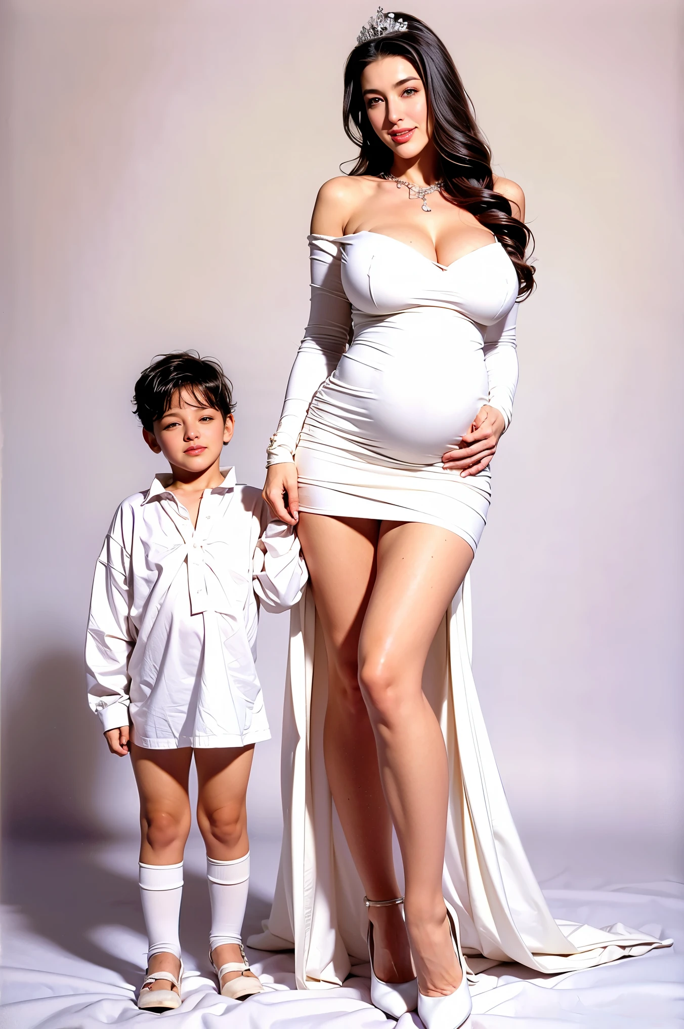 Monica Bellucci、(husband and wife)、(pregnancy)、(full body)、 with a smile、nsfw、 highres icon、8k、best quality、masterpiece、ultra detailed、 tiara 、 Necklaces 、( white miniskirt )、( white v-neck shirt)、( White High Heels)、 ( big butts :1.2)、( big breasts :1.1)、(Tall)、(abs:1.1)、Mature Woman、shiny skin、no light purple background