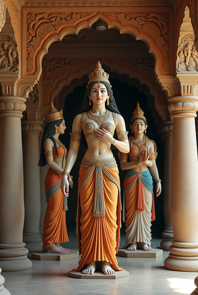 1 white marble statue of goddess Saraswati with marble clothing and golden ornaments