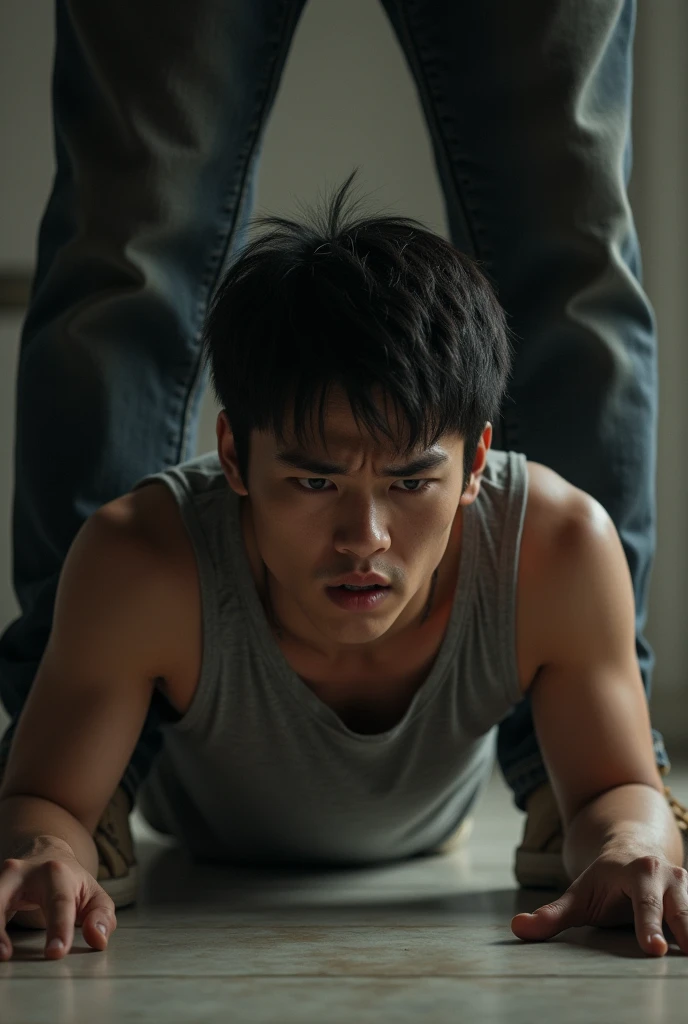 Afraid asain guy, white skin. Muscler, shirtless, beautiful body, wide shoulder, on the floor, realistic, uper camera angle, pants