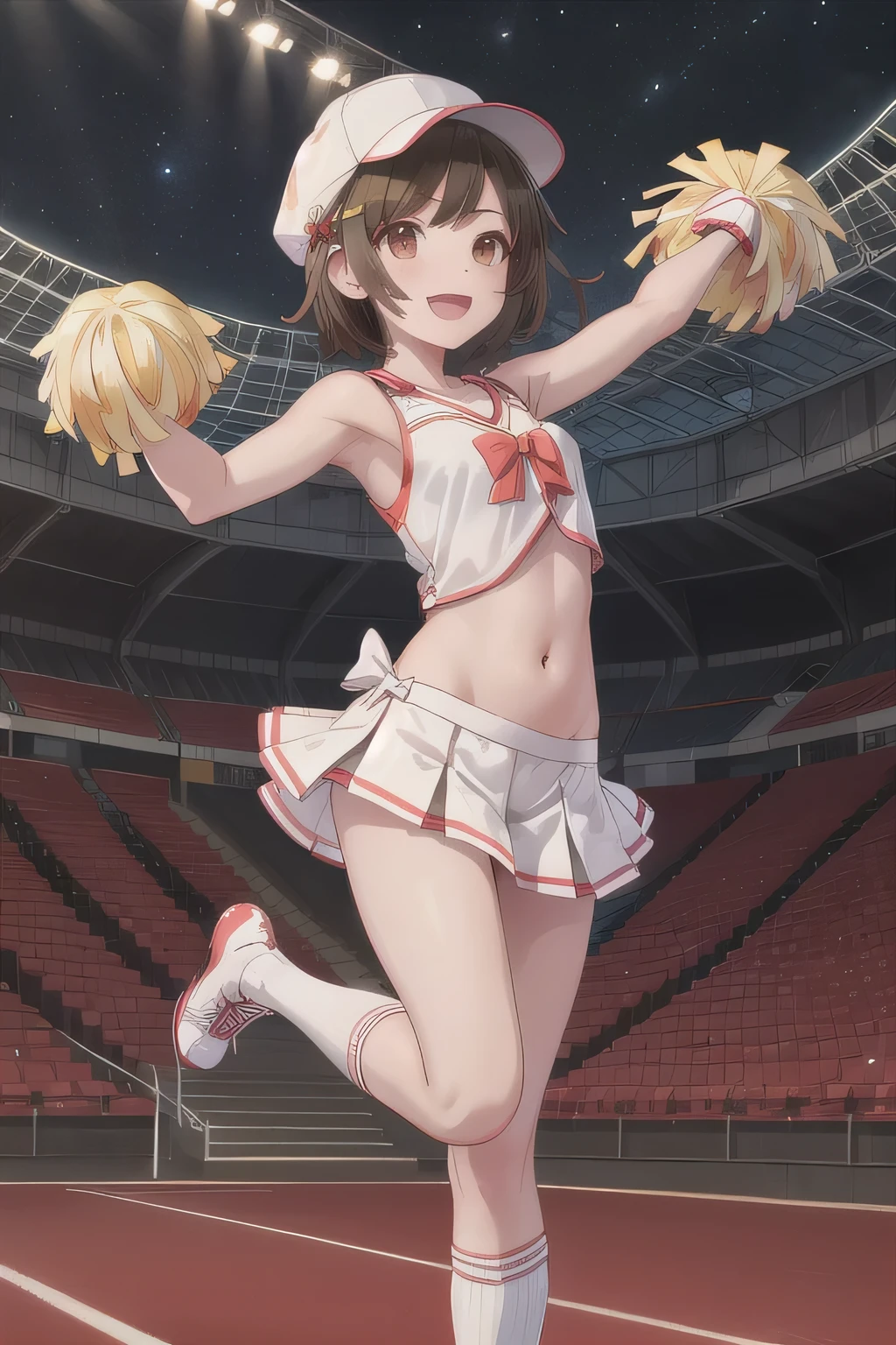 She's wearing a cheerleader costume with a cute design, and her miniskirt and bright bow are eye-catching. The background is a soccer stadium illuminated by the night sky, and the lighting creates a dramatic atmosphere. She is cheering in a pose with one leg raised high. White panties are visible. Masterpiece , top quality, high definition , shorthair, brown hair, Cabby Hat, orange headdress , short bang, Brown Eyes , ribbon, smile, 