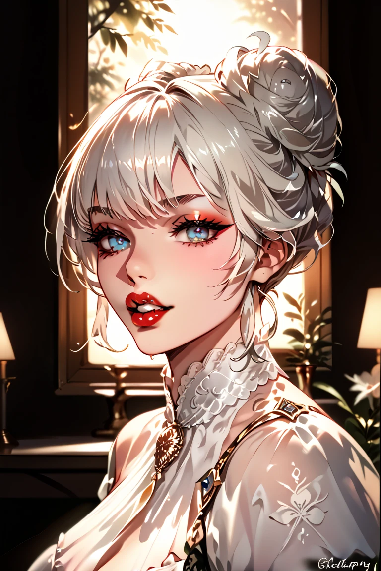 ((woman, 28yo, (adult), curvy, white hair, hair bun, makeup, big lips, red lipstick, (very soft skin), white teeth, masterpiece anime, exquisite lighting and composition,, very detailed, high resolution, illustration, natural beauty anime painting masterpiece digital painting, exquisite lighting and composition 8k, sharp, very detailed, high resolution, illustration, natural beauty