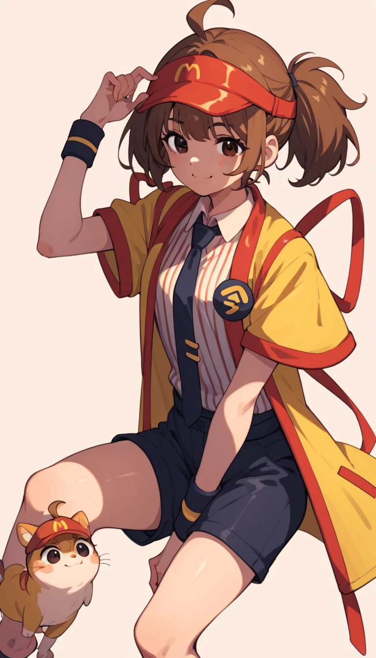  score_9,  score_8_up,  score_7_up,  simple background , smile,
 1 girl , subordinates ,  brown hair,  Visor Cap , Shorts,  vertical stripe shirt ,  ties, The yellow coat , Short sleeve,  short twin tail , Ahoge,  dark eyes, Put it on your knee ,  wristband around the neck, 
