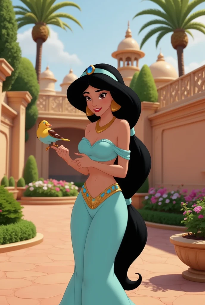 princess-jasmine is standing in her garden with a bird perched on her finger and she is talking to it  