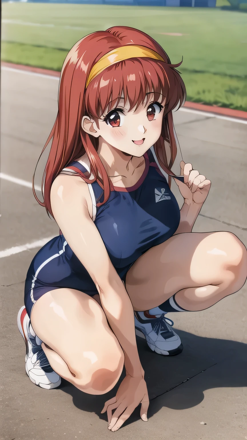   Masterpiece  ,   top quality,   is high definition , 1990s \(  style  \),Shiori Fujisaki　 Gym clothes　Bloomers　  yellow headband　　,Smiling seductively　 Long Grove 　　  stockings　 　 　 　 athletics stadium　Crouching start pose