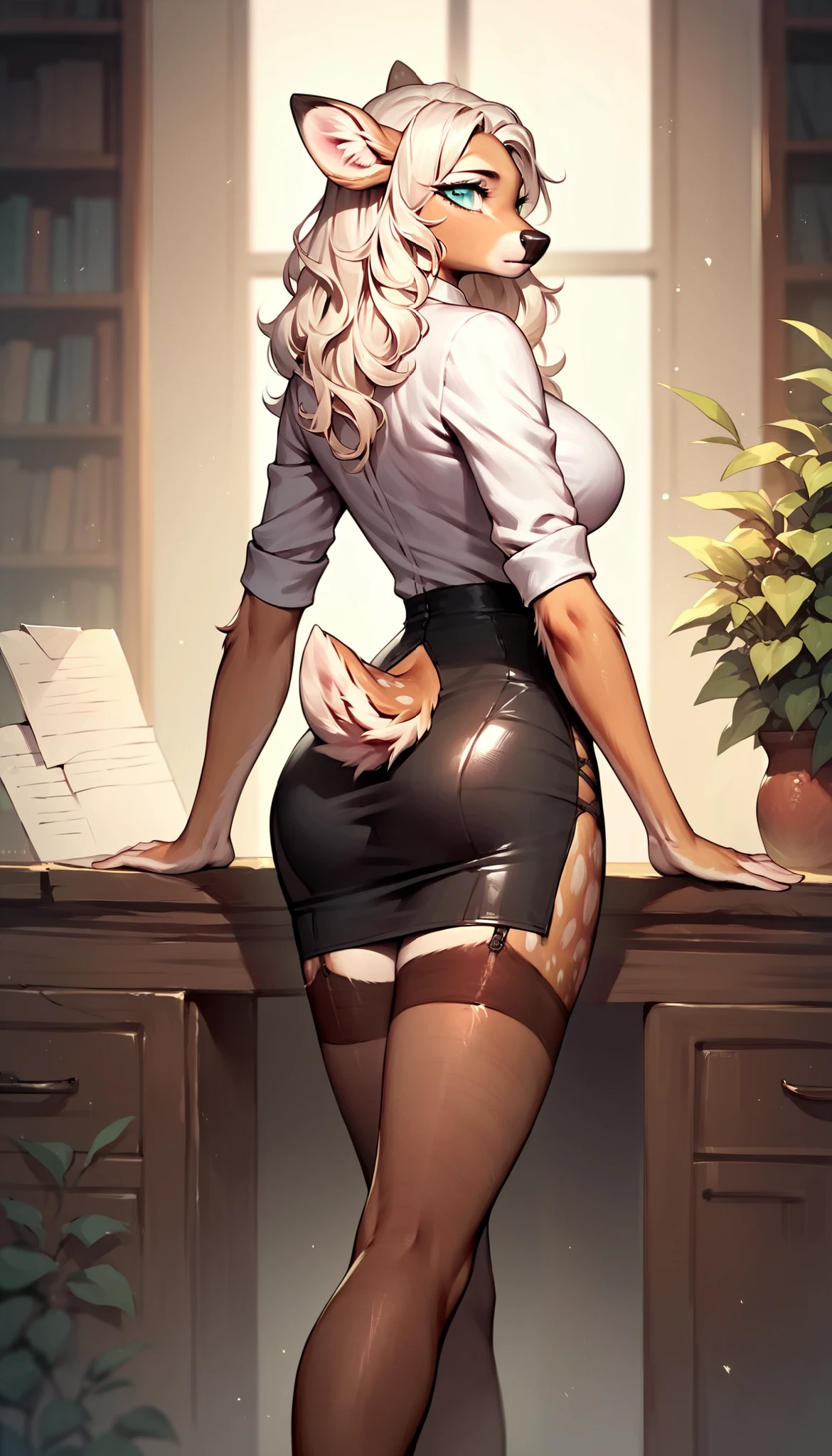 score_9, score_8_up, score_7_up, score_6_up, score_5_up, score_4_up, (solo), female anthro deer, secretary clothes, tight skirt, lusty, fluffy body, long blond hair, turquoise eyes, garter belt tights, from the back, backsite, from back