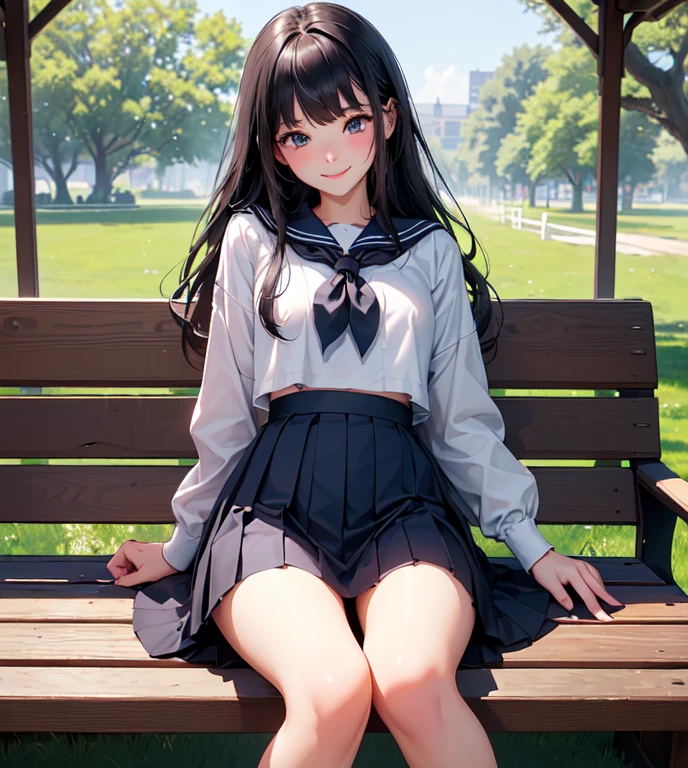 Very cute and beautiful female student,,( high definition beautiful face and eyes ), (smile:1.2), Watch Viewers, black hair ,(  sailor school uniform),( pleated navy blue miniskirt ), Sitting on a wooden bench、Located in an elegant gazebo,garden,squirt,forest,((  She lifts her skirt and shows me her beautiful pussy dripping with love juice、I&#39;I&#39;m tempting you)), ( top quality,  Masterpiece  ), absurd, high definition , Ultra Details , very detailed,32K,8k resolution,  complex details, cinematic scene , detailed background,Alone, dynamic angle ,  hair that flutters like, beautiful detailed sky ,  perfect hands,