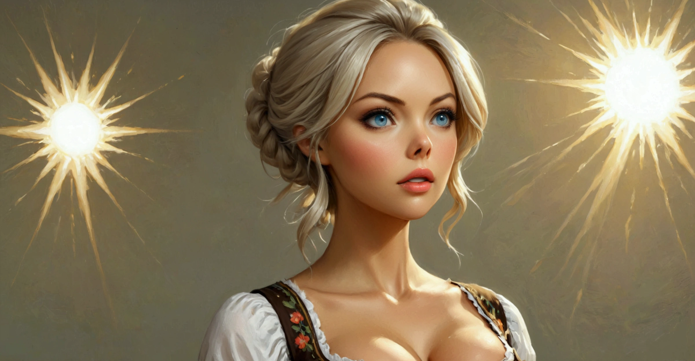 Masterpiece, absurdres, fine detail, HDR, highly detailed face and eyes, photorealistic, drindl, a woman in traditional bavarian dress poses with her hands behind her back ,german woman, wearing drindl,Close up on face,Bangs,