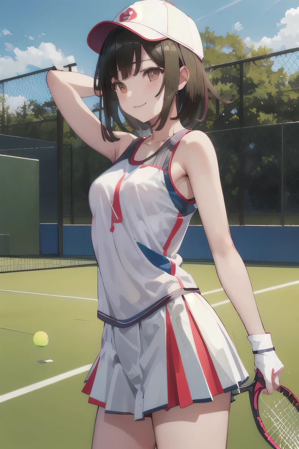 nsfw. She is wearing a purple tennis outfit, with her white undergarments visible. She holds a single tennis racket with both hands in a poised and focused manner. The lush green grass tennis court stretches out in the background. This scene radiates elegance, power, and athletic skill. Masterpiece , top quality, high definition , shorthair, brown hair, Cabby Hat, orange headdress , short bang, Brown Eyes , ribbon, smile, 