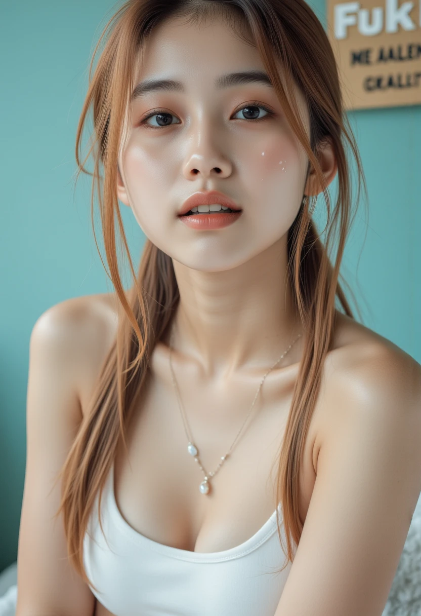  Full image of a girl , เซ็กซี่ cute สาวคัมเฟซ, pigtail, cute face,  , ((thin anorexic  body)), ( Body Height :177cm), cute, pretty face, Pale skin, Pink hair, Eyesสีฟ้า,  Glossy Lips ,  big lips , Thick lips,  parted lips , Light pink lip gloss, Mascara, thin thighs , thin,  Big Bust, Big head,  pure look , Young face, Long pink nails, collar, hd feet และรองเท้าส้นสูง 25 INCH PLATFORM HIGH HEELS,  Big hoop earrings Pink square mini skirt ,  White tank top with open shoulders ,  Fluffy white socks with high tights ,  Black High Heels , Sweetie,  Women with lots of white semen , sticky, wet,  translucent white semen dripped all over her face. ),  semen scattered all over the place. Here, hair and body ,  Translucent white semen dripping down , lots of sticky cum, ( lots of milk dripped into. That and her body is standing here, pink.,  The girl's blue-green and mint-green bedroom  (( holding Paper label with text  "KAMKOM ")), (( Message on Sign   " Fuck Me Daddy ")),  Standing in this Room , Eyes, รายละเอียดสูง Eyes และแสดงอารมณ์,  รายละเอียดEyes , 35 mm photograph., movies, Bokeh, Professional, 4K,  High-profile lighting ,  Photorealistic , 8k, raw, rich,  intricate details , pigtail
