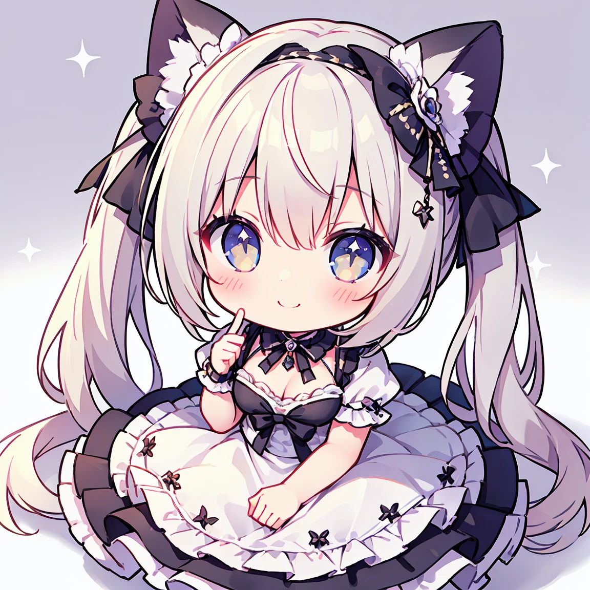 masterpiece, Highest quality, Highest Resolution、One Girl、from above, Looking up、full body、pastel colour、Gothic Lolita、Making a Heart with Fingers、Cute Dresses、Sparkling eyes、A smile that will captivate you、White background、Very long twin tails、Sitting、Looking at me、