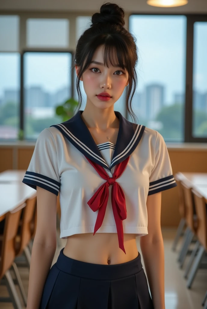 Breathtaking beauty, ( top quality, 4K, 8k,  high definition ,  Masterpiece  :1.2),  from the front:1.5,  Ultra Details , ( realistic , photo- realistic :1.331),  One Supermodel Woman,  beautiful Japanese woman,  slender body:1.331,  Thin Waist, Thin limbs,  anatomically correct proportions :1.331,  anatomically correct limb:1.331,  has a small head:1.331,  Japanese High School Sailor Suit :1.21, Short sleeve clothing,  White Short Sleeve Sailor Suit  :1.21,  will be Fuku:1.21,  red ribbon ,  you can see your belly button , navy miniskirt, Brown Hair,  chignon hair,  brown eyes, bright pink lips ,  Thin Sharp Brown Eyebrows , Anxious face, Beige walls,  soft lighting ,  , Modern Portrait , Classroom at Dusk, Light leaking from the shade, extreme detailed description,  professional ,  bright color, Perfect composition , Proper placement, Golden Ratio, 