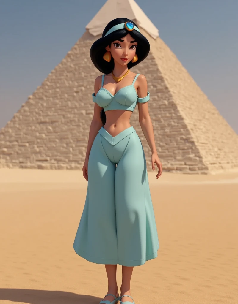 princess-jasmine, donthugmestyle, puppet, she is standing in the sand with a pyramid in the background  