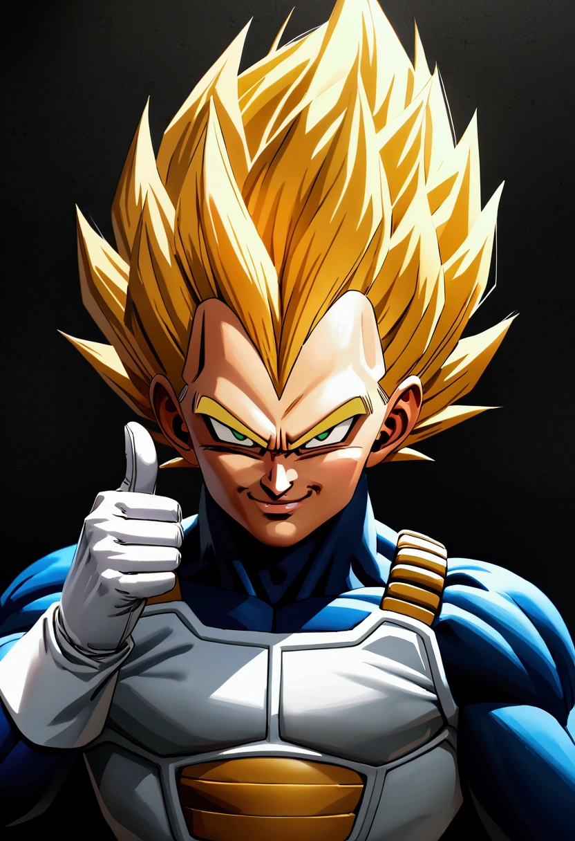 solo, 1boy\(Vegeta\(dragonball\),smirk, (evil smile:1.3), thumbs up, super saiyan,cowboy shot,(golden hair:1.4),(green eyes:1.4)with his typical hair,spiky hair,(golden eyebrow：1.3）,from front, simple pose,villain,evil,White Gloves\).simple black background.. BREAK .quality\(8k,wallpaper of extremely detailed CG unit, high resolution, top-quality, top-quality real texture skin, hyper realistic, increase the resolution, RAW photos, best quality, highly detailed, the wallpaper, golden ratio, high saturation realism, vibrant colors, dramatic lighting, persuasive storytelling, atmospheric scenery, captivating visuals, intricate details, strong emotions, dreamlike world\).great focus, screen shot of dragonball, realistic,(long shot)