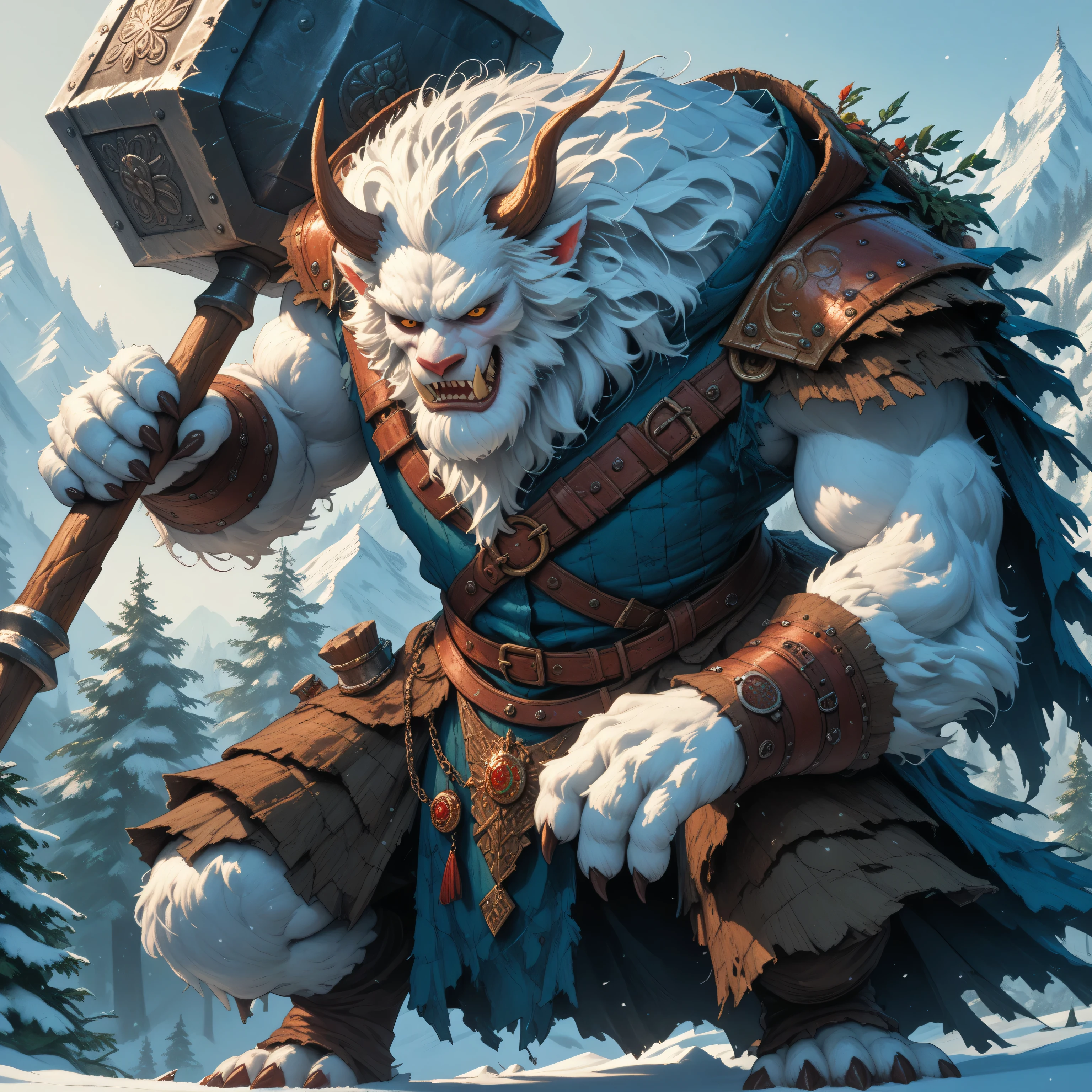 A SCARY Yeti monster, masterpiece,  amazing art, DnD, dungeons and dragons art, snow yeti, holding huge stone hammer