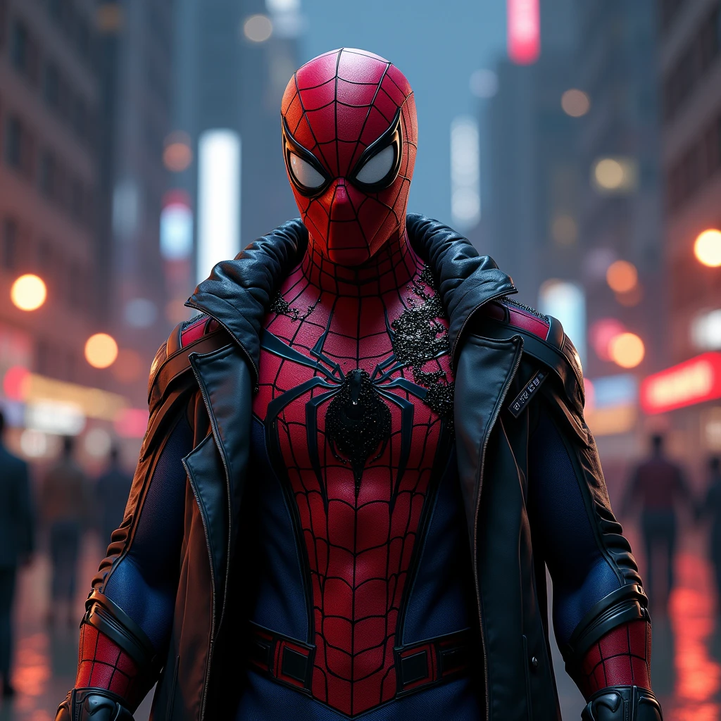 gloomy portrait of Bloody Spider-Man from Marvel with intricate angular cybernetic implants inside a brutalist building, gothic brutalist cathedral, cyberpunk, award-winning photo, bokeh, neon lights, cybernetic limb
