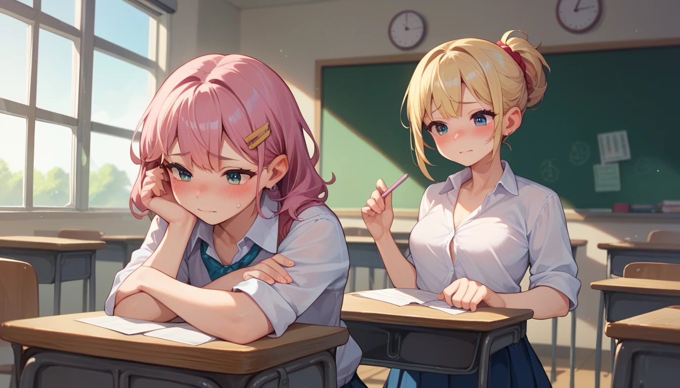 I want an image with art style like this with a guy surrounded by some hot anime girls who are like blushing and are thick with the background being a classroom