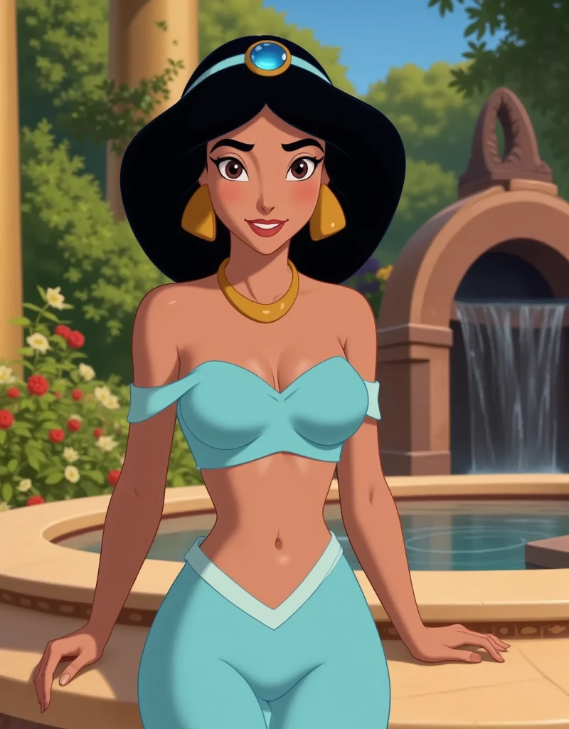 princess-jasmine, wearing her blue outfit, is standing by a stone fountain amidst lush greenery  