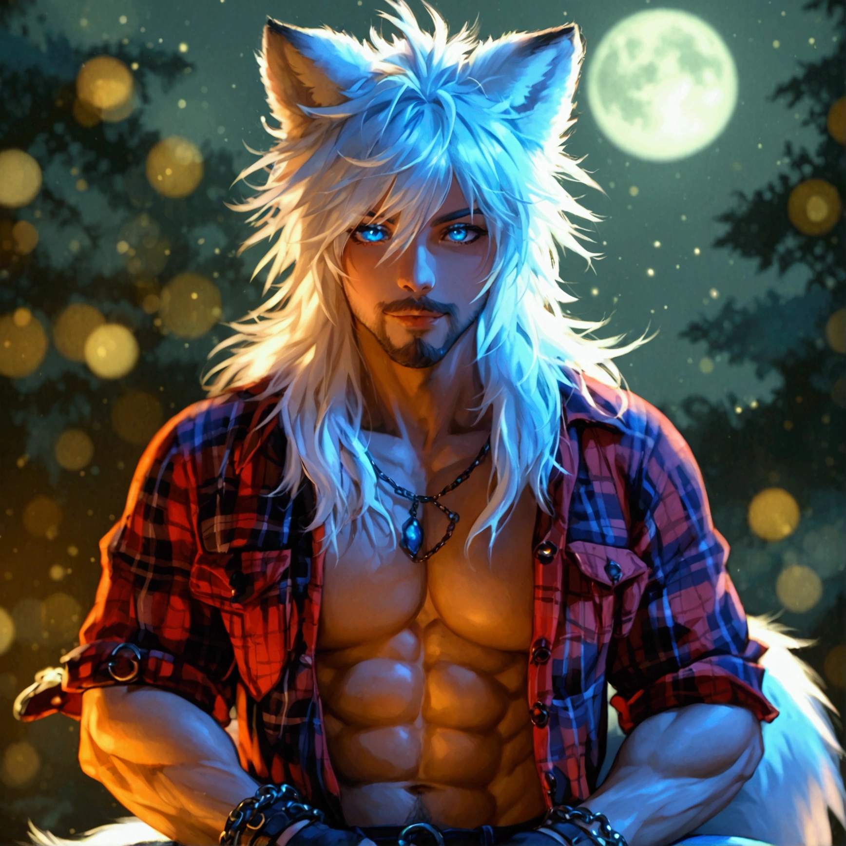 athletic muscular male with long white messy hair, fluffy wolf ears and fluffy wolf tail, wearing a shredded red plaid flannel vest, wearing torn up jeans, himbo, showing abs, showing chest, light body hair, happy demeanor, has a light beard, lithe, wearing fingerless gloves, wearing arm bands, wearing chain bracelets, alone, solo, (ALONE(SOLO) Under the moonlight, masterpiece, photo realistic, 4k, 8k, has glowing blue eyes, arms out, very skinny, lurching, open mouth grin, happy, grinning, has fangs, has a feint glowing aura