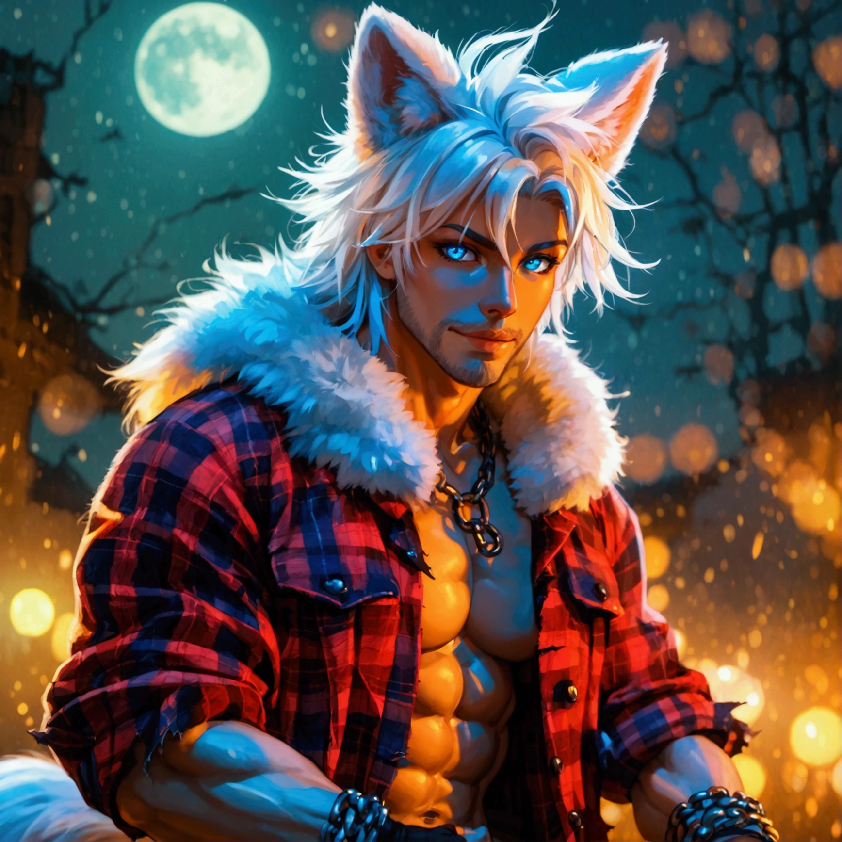 athletic muscular male with long white messy hair, fluffy wolf ears and fluffy wolf tail, wearing a shredded red plaid flannel vest, wearing torn up jeans, himbo, showing abs, showing chest, light body hair, happy demeanor, has a light beard, lithe, wearing fingerless gloves, wearing arm bands, wearing chain bracelets, alone, solo, (ALONE(SOLO) Under the moonlight, masterpiece, photo realistic, 4k, 8k, has glowing blue eyes, arms out, very skinny, lurching, open mouth grin, happy, grinning, has fangs, has a feint glowing aura