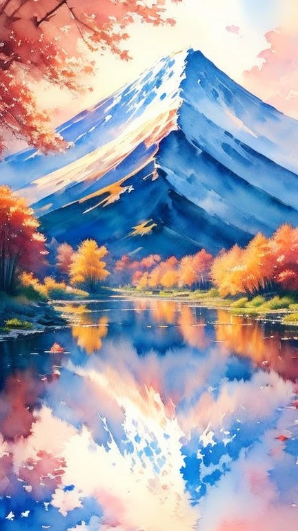 (  Masterpiece  :1.2,  top quality),( very detailed),(((watercolor))),8k, wallpaper, Japanese Scenery,Mount Fuji,Lake Yamanaka,autumn，owl，