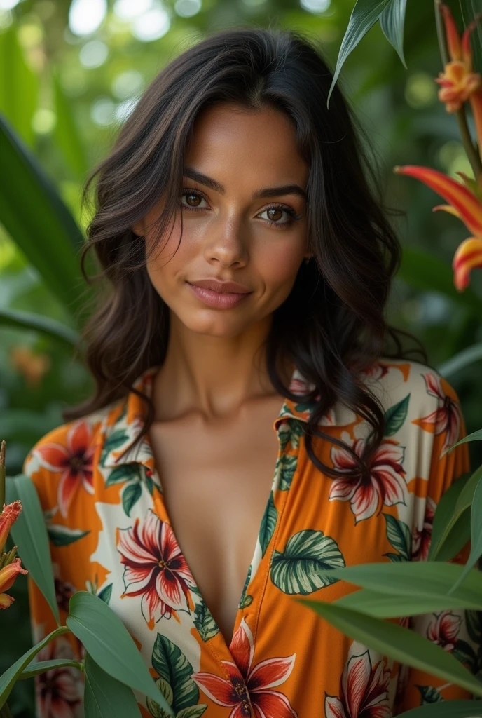 A Brazilian woman in a lush tropical garden, wearing an open shirt with a floral print, with a close-up capturing the harmonious beauty between her breasts and the natural flowers, showing off your natural charm and outgoing personality.