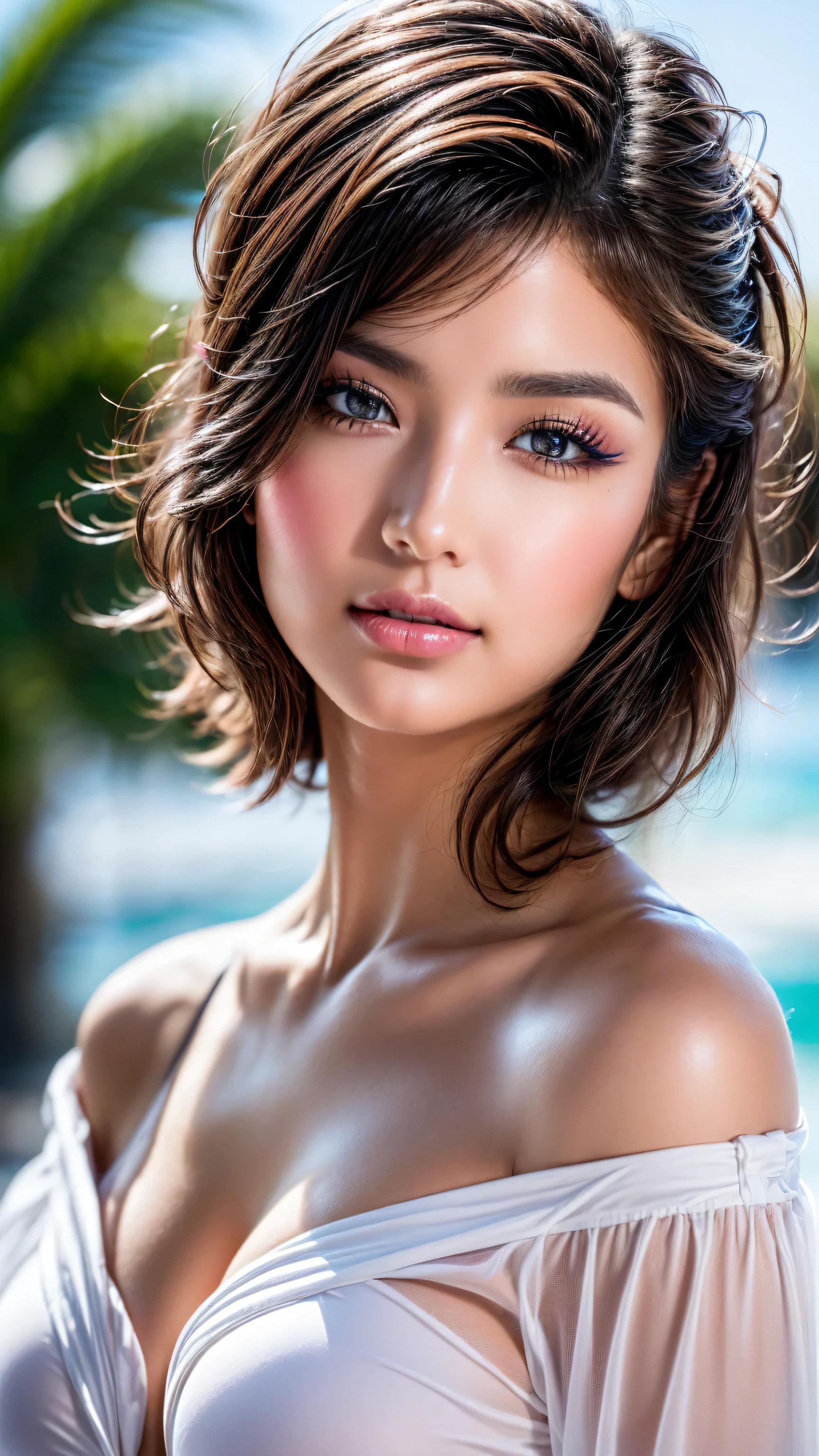 Realistic (photorealistic Realism), (high resolution), ((intricately detailed digital art)), (best quality), (realistic texture details: perfect skin, smooth skin\), BRAKE , ((portrait)) 1woman:1.3, 23yo, hot body, athletic body, brazilian,, perfect face, perfect symmetrically eyes, perfect lips, (firm and full breasts:1.2), beautiful cheekbones,(oiled and shiny skin:1.2),(discret smile, gentle expression),dslr,best high quality soft lighting,sharp focus captured by Fujifilm XT3,f 5.6,in a dramatic lighting\),(pale,smooth,shiny), Hair\((short blonde hair, ((slicked to the side)), extremely detailed:1.33\)), Eyes\((close-up eyes:1.36)),((sharp focus, no blurry, absurd quality, Realistic brown_eyes:1.35)), ((extremely fine details eyes)), ((extra narrow eyebrows)), Carefully draw Long eyelashes:1.2, (perfect round eyes:1.2), (finely detailed pupils, (extremely fine details pupils:1.3)), ((extremely fine details of iris:1.3)), ((Shining, mesmerizing, Vibrant eyes:1.3)), (professional makeup:1.3), (perfect dark_eyeshadows:1.3), detailed lips:1.3, (apply glossy red_lipstick:1.25), (pink_makeup:1.25\),(perfect proportions, anatomically correct), BRAKE , Costume\((oversized shirt,off shoulder, see through white shirt)), BRAKE , Background\((taking a sunbath on a beautiful tropical beach)),