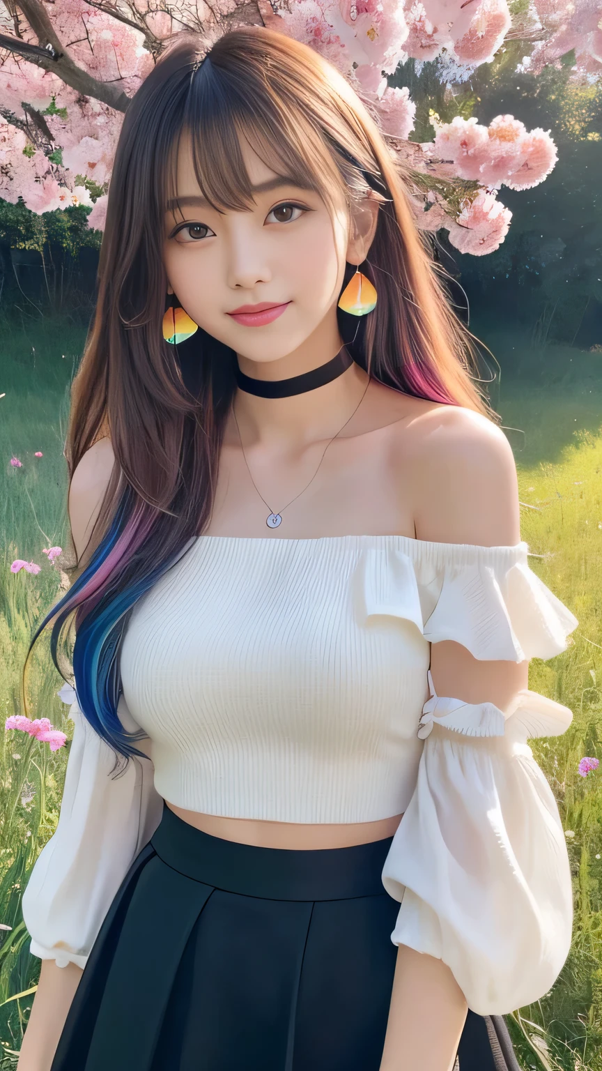 "Generate a highly detailed, vertical portrait of a beautiful Japanese girl with dual-colored hair, silver on the left side and black on the right side, with the tips dyed bright yellow. Her long hair flows in the wind, creating a striking visual effect. She has large, shimmering rainbow-colored eyes and a cheerful smile. Her cheeks are blushed, giving her a healthy and lively expression. The girl is dressed in a white off-shoulder top, loose and relaxed, paired with a shiny black vinyl tight skirt, giving a modern and stylish appearance. She wears large pink flower earrings and a black choker around her neck. The background is colorful and artistic, featuring rainbow splashes and abstract patterns, predominantly in blue, pink, and yellow hues. The distant landscape shows a meadow, adding to the overall fantastical and creative atmosphere."