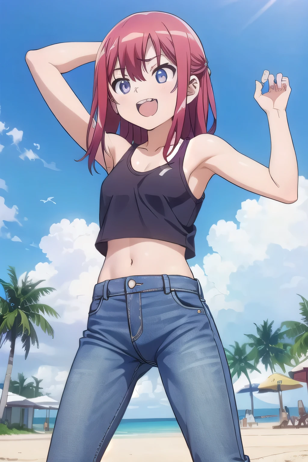 masterpiece,best quality,ultra detail,1girl, 14yo,petite, Laugh happily,background((under the beach, (day:1.2), under sand beach, bright sky)), kanzaki tomoyo, red hair, Raise your arms and bring them behind your head, White tank top, White crop top, jeans, blue pants, (flares jeans 1:1), blue jeans, sex pose, (legs spread:3:1), orgasm, from below