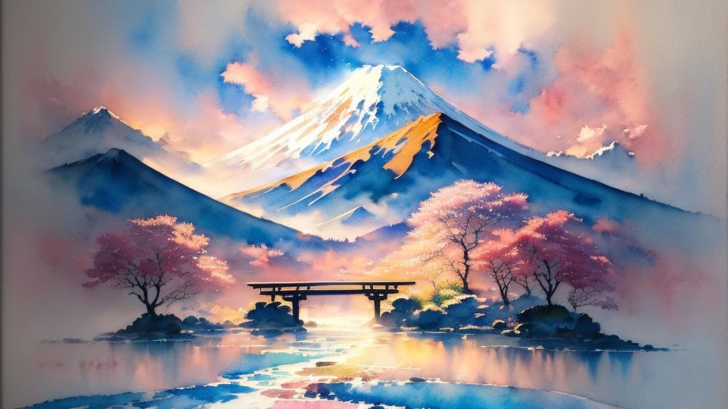 (  Masterpiece  :1.2,  top quality),( very detailed),(((watercolor))),8k, wallpaper, Japanese Scenery,Mount Fuji,Torii in the Sky ，owl，