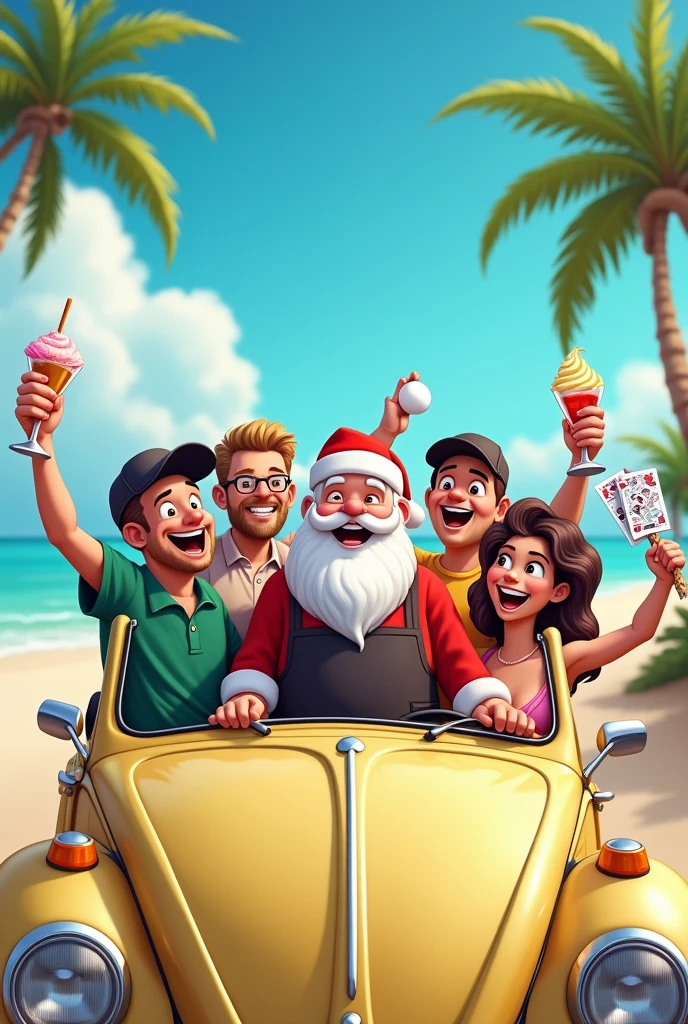 Create an image of a 35-year-old man, fatter, With a scraggly beard and white hair, drinking beer in the bed of a pickup truck with several women in bikinis, all in cartoon form.