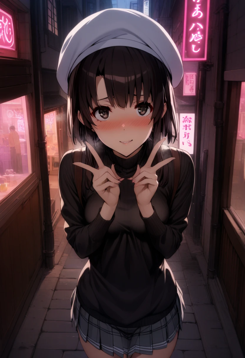 1girl,solo,megumi katou,short black hair,beret,black turtleneck sweater,gray plaid skirt,standing on the narrow night street,between buildings,neon light of shops visible in back ground,pov,embarrassed,seductive smile,5fingers showing to viewer,sensual atmosphere,masterpiece, best quality, absurdres,
