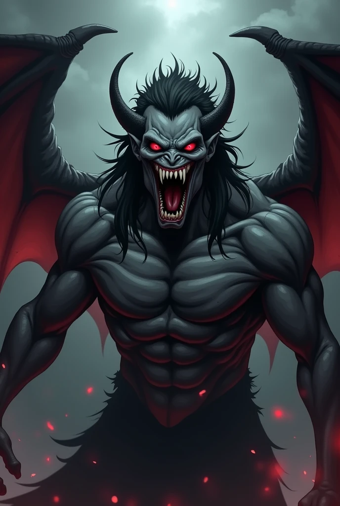 Has sharp claws、Muscular black werewolf，There are devil's horns and bat wings
