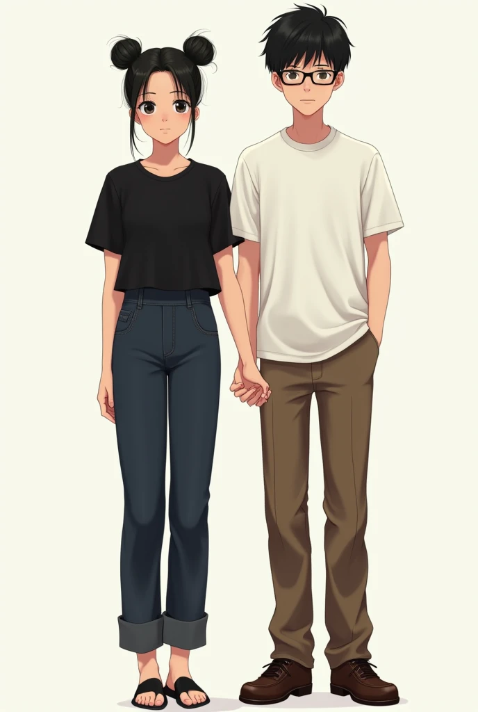 A very tall girl in dark blue trousers, a short black T-shirt,
sandals, two hair bun and a modest shy guy in a white
shirt, glasses, brown trousers, brown shoes