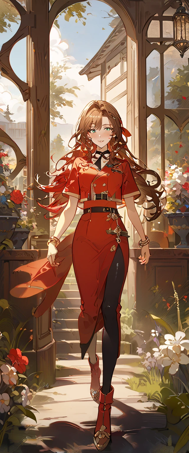 masterpiece, best quality, 8k, 4k, 1girl, (aerith gainsborough), (brown hair), (high middle bang), (longer side curly bang), (long tight curly ponytail like braid), green eyes, red hair ribbon, red bolero jacket, short sleeve jacket, cropped jacket, black tie choker, long pink straight dress, brown boots, bangles, walking in a garden, flowers, detailed background, inspired by Asukaziye artist : ask, art style : ask